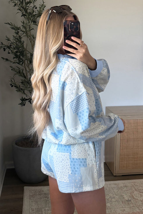 Patchwork Floral Print Drop Shoulder Baggy Pullover Drawstring Shorts Set