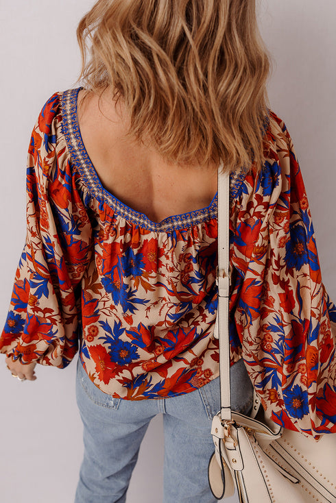 Patchwork Floral Print Square Neck Short Sleeve Blouse
