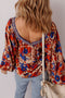 Patchwork Floral Print Square Neck Short Sleeve Blouse