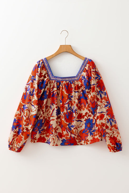 Patchwork Floral Print Square Neck Short Sleeve Blouse