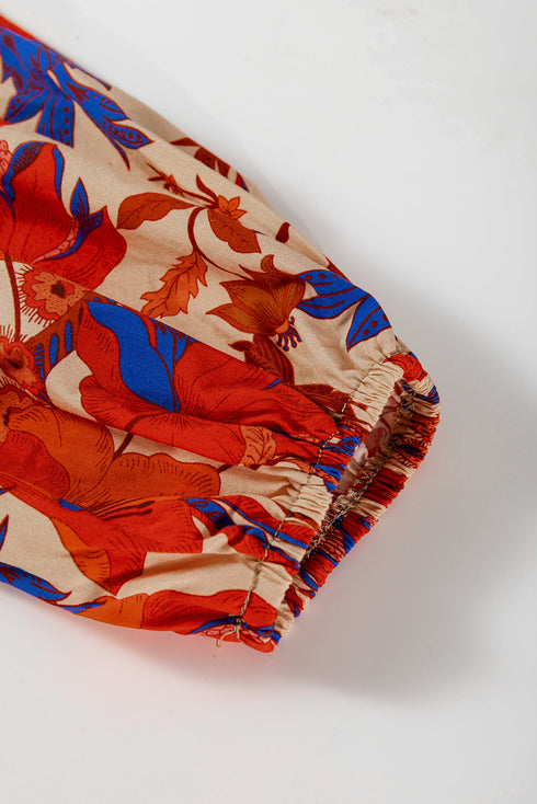 Patchwork Floral Print Square Neck Short Sleeve Blouse