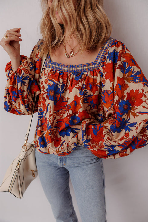 Patchwork Floral Print Square Neck Short Sleeve Blouse