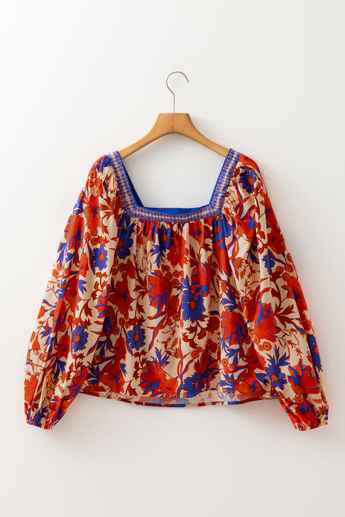 Patchwork Floral Print Square Neck Short Sleeve Blouse