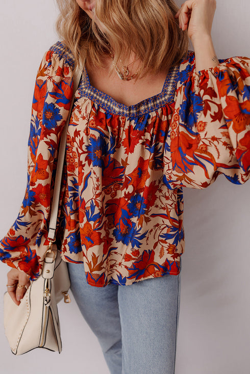 Patchwork Floral Print Square Neck Short Sleeve Blouse
