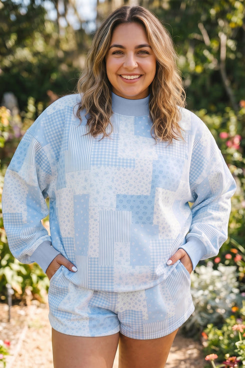 Patchwork Floral Print Stand Neck Long Sleeve Loungewear Set
