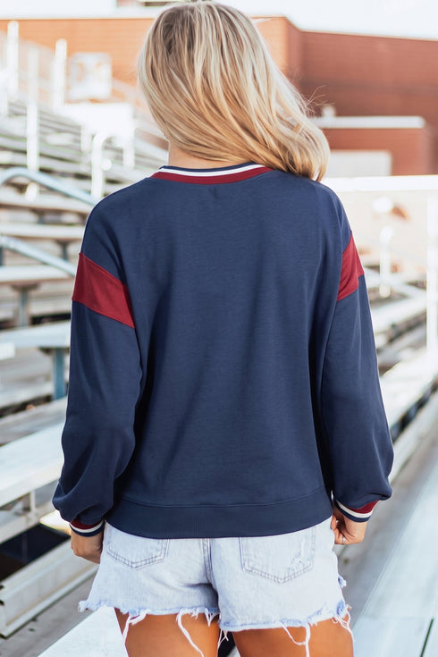 Patchwork Game Day Letter Graphic Round Neck Sweatshirt