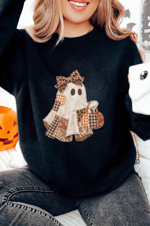 Patchwork Ghost Graphic Crew Neck Playful Pullover Sweatshirt