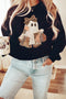 Patchwork Ghost Graphic Crew Neck Playful Pullover Sweatshirt