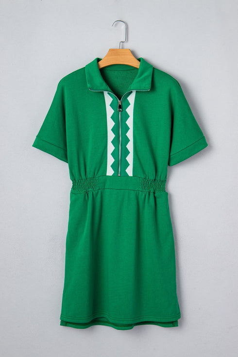 Patchwork Half Zip Elastic Waist Short Sleeve Mini Dress