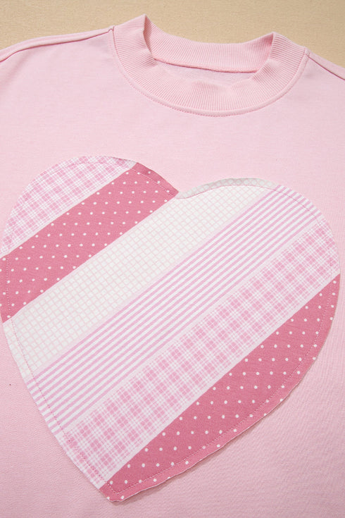 Patchwork Heart Print Oversized Crew Neck Sweatshirt