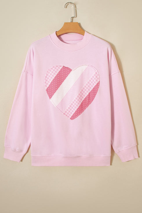 Patchwork Heart Print Oversized Crew Neck Sweatshirt