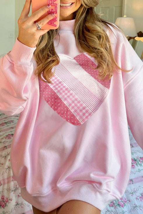 Patchwork Heart Print Oversized Crew Neck Sweatshirt