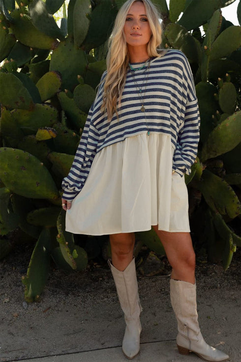 Patchwork Hem Striped Long Sleeve Pocketed Mini Dress