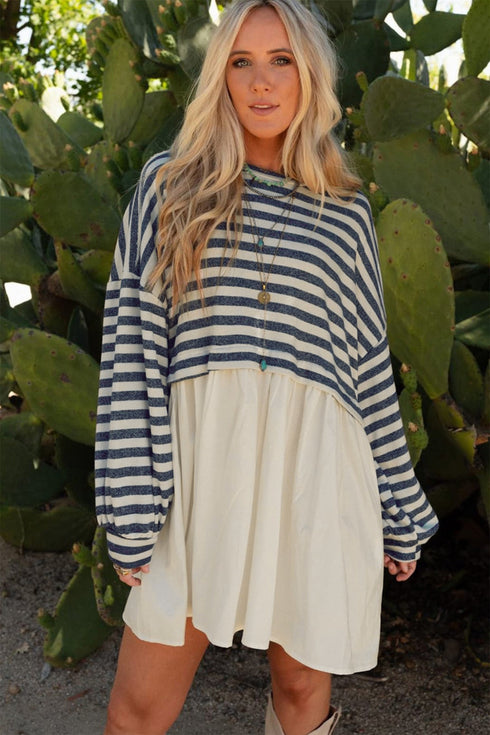 Patchwork Hem Striped Long Sleeve Pocketed Mini Dress