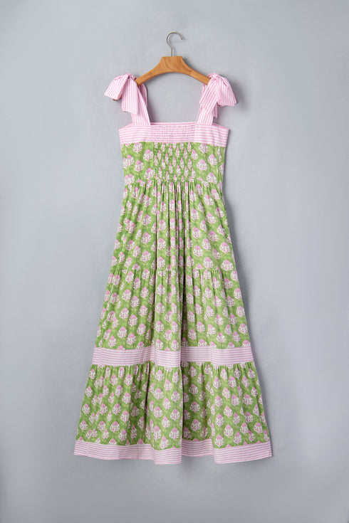Patchwork Knot Strap Striped Detail Floral Maxi Dress