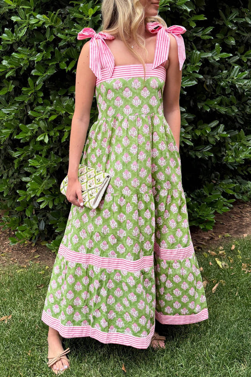 Patchwork Knot Strap Striped Detail Floral Maxi Dress