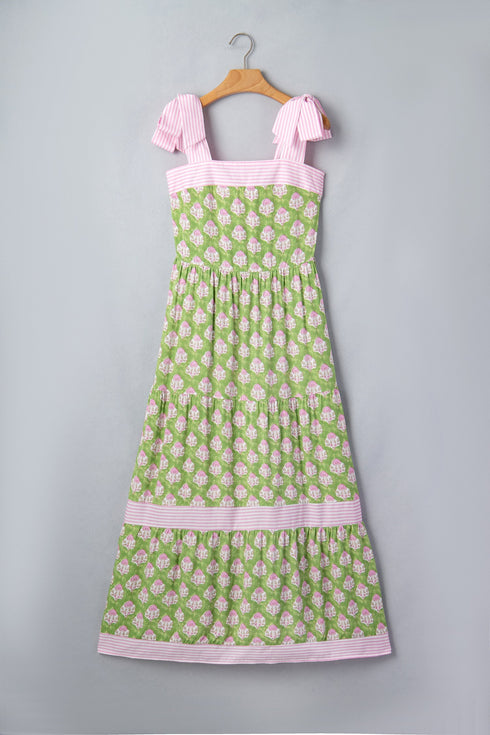Patchwork Knot Strap Striped Detail Floral Maxi Dress