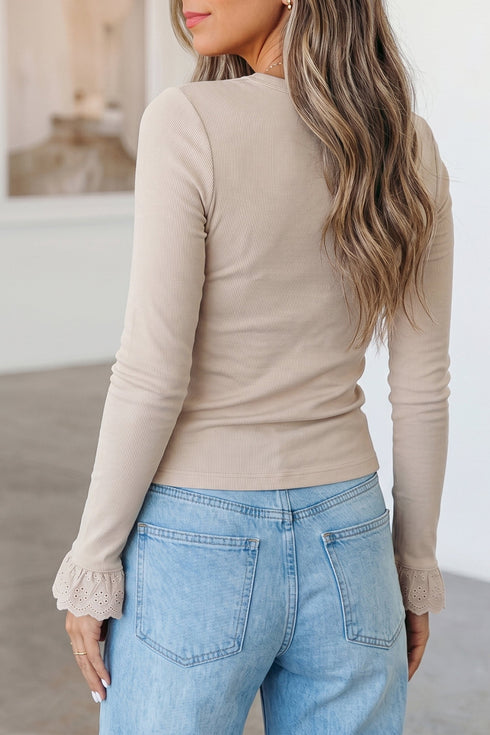 Patchwork Lace Cuff Ruffle Long Sleeve Round Neck Top