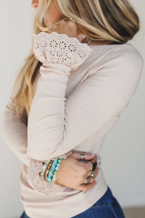 Patchwork Lace Cuff Ruffle Long Sleeve Round Neck Top