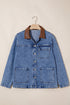 Patchwork Leather Collar Long Sleeve Denim Jacket