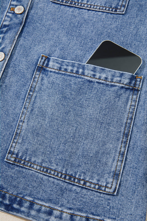 Patchwork Leather Collar Long Sleeve Denim Jacket