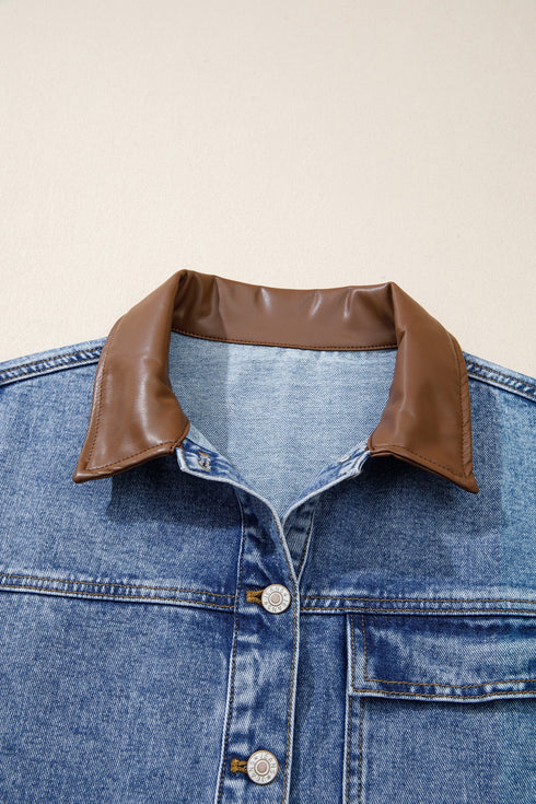 Patchwork Leather Collar Long Sleeve Denim Jacket