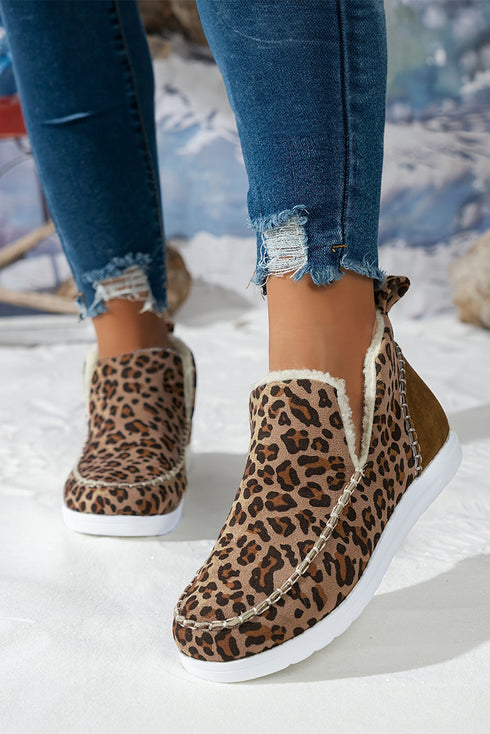 Patchwork Leopard Print Faux Fur Lined Flat Boots