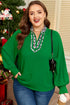 Patchwork Leopard Trim Puff Sleeve Split Neck Blouse
