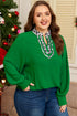 Patchwork Leopard Trim Puff Sleeve Split Neck Blouse