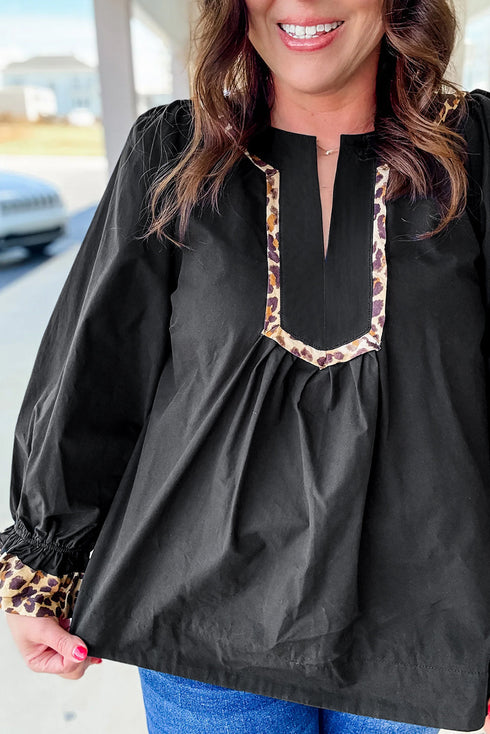 Patchwork Leopard Trim Split Neck Flounced Sleeve Blouse
