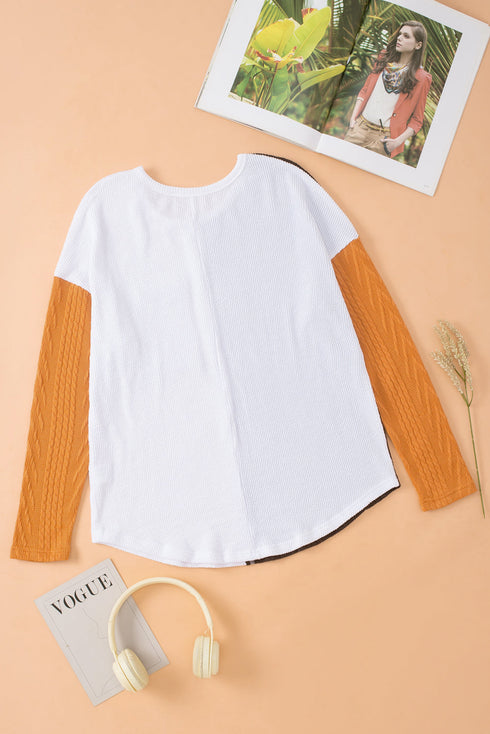 Patchwork Long Sleeve Pocket Detail Relaxed Fit Top