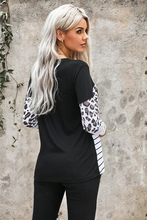 Patchwork Long Sleeve Top With Pocket