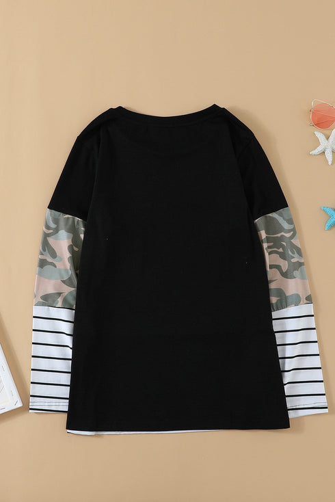 Patchwork Long Sleeve Top With Pocket