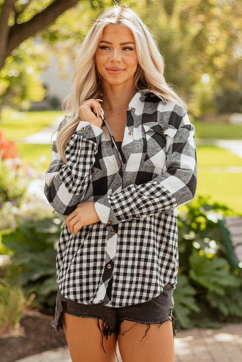 Patchwork Mixed Plaid Drawstring Hooded Shacket