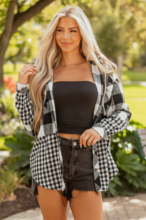 Patchwork Mixed Plaid Drawstring Hooded Shacket