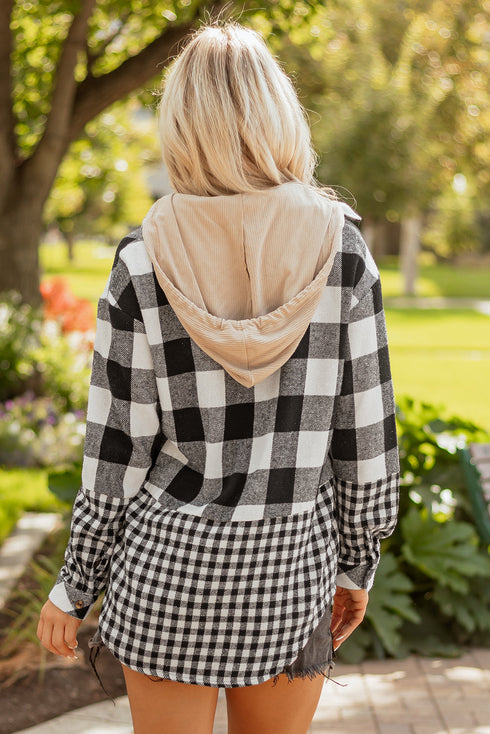 Patchwork Mixed Plaid Drawstring Hooded Shacket