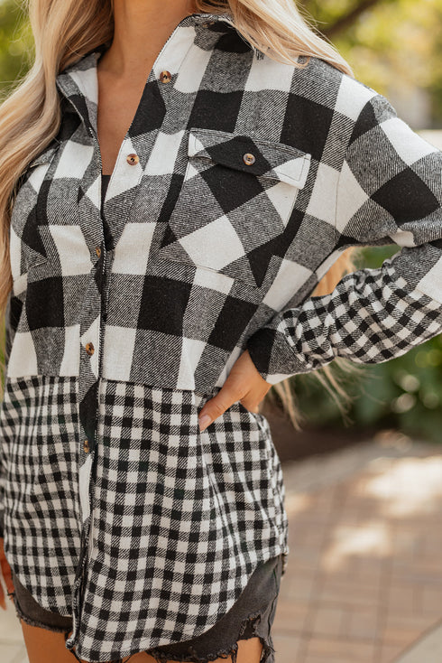 Patchwork Mixed Plaid Drawstring Hooded Shacket