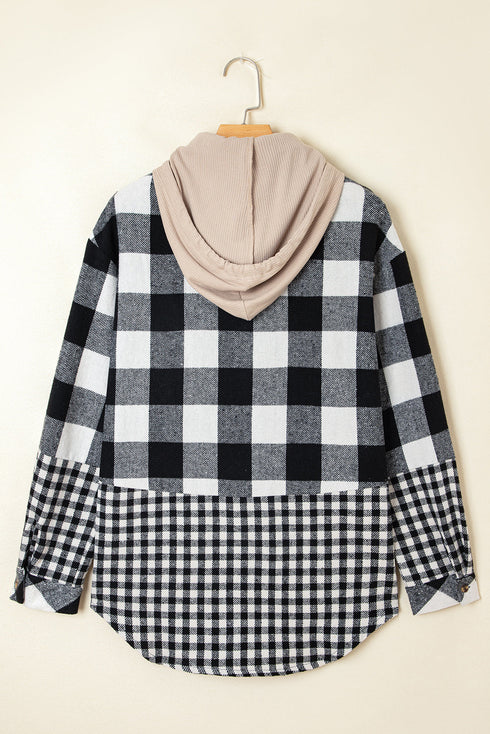 Patchwork Mixed Plaid Drawstring Hooded Shacket