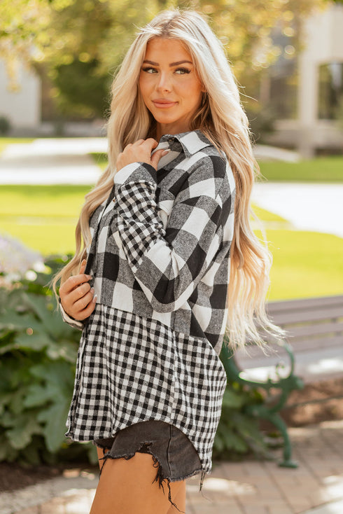 Patchwork Mixed Plaid Drawstring Hooded Shacket