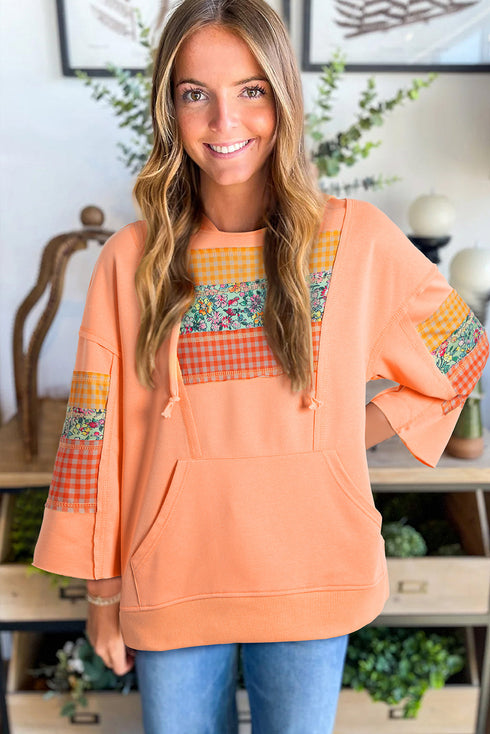 Patchwork Mixed Print Kangaroo Pocket Long Sleeve Hooded Top
