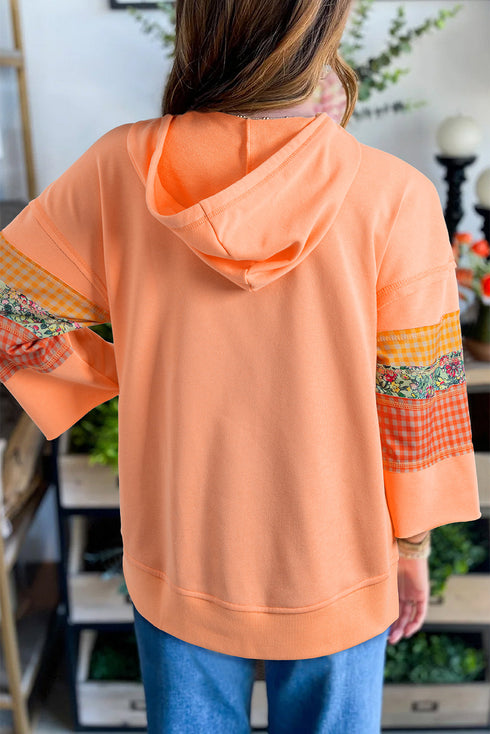 Patchwork Mixed Print Kangaroo Pocket Long Sleeve Hooded Top