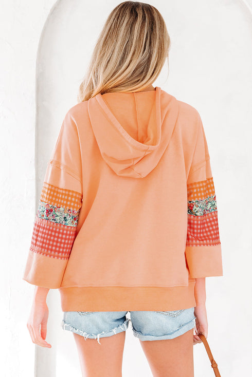 Patchwork Mixed Print Kangaroo Pocket Long Sleeve Hooded Top