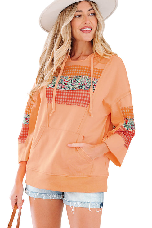 Patchwork Mixed Print Kangaroo Pocket Long Sleeve Hooded Top
