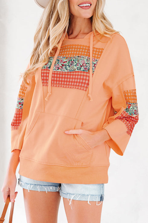 Patchwork Mixed Print Kangaroo Pocket Long Sleeve Hooded Top