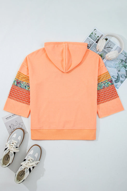 Patchwork Mixed Print Kangaroo Pocket Long Sleeve Hooded Top