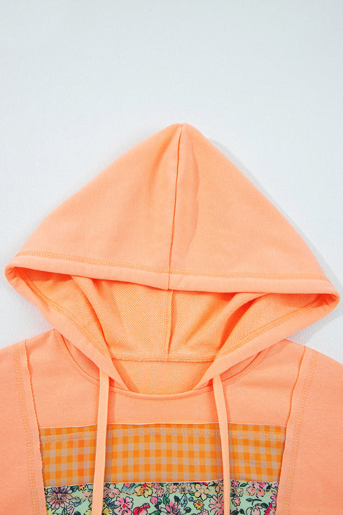 Patchwork Mixed Print Kangaroo Pocket Long Sleeve Hooded Top