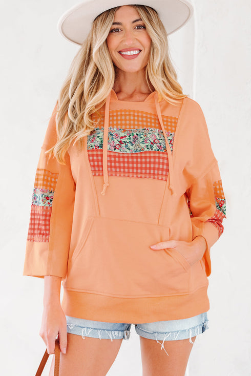 Patchwork Mixed Print Kangaroo Pocket Long Sleeve Hooded Top