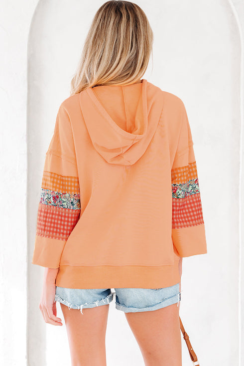 Patchwork Mixed Print Kangaroo Pocket Long Sleeve Hooded Top