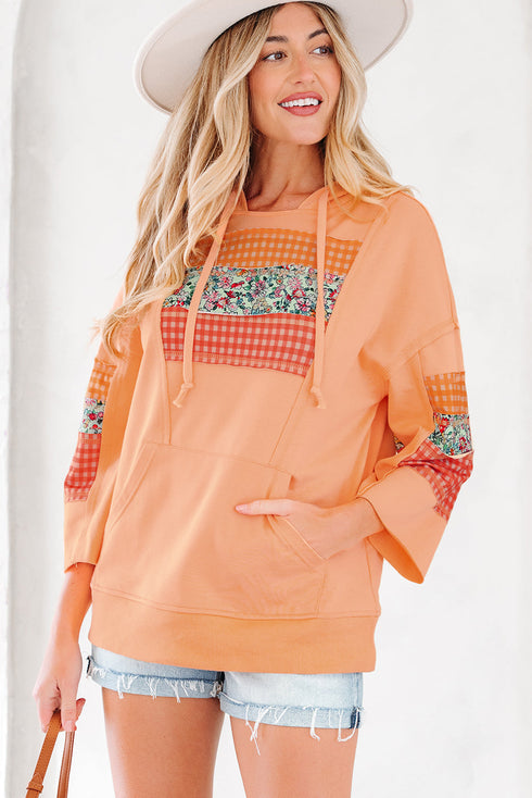 Patchwork Mixed Print Kangaroo Pocket Long Sleeve Hooded Top