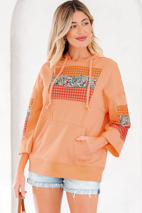 Patchwork Mixed Print Kangaroo Pocket Long Sleeve Hooded Top